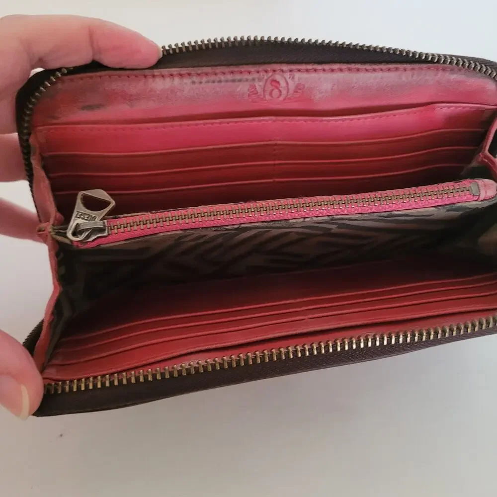 Diesel Brown Pink Leather Large Wallet Clutch‎ Accordion Zip Around Long Logo